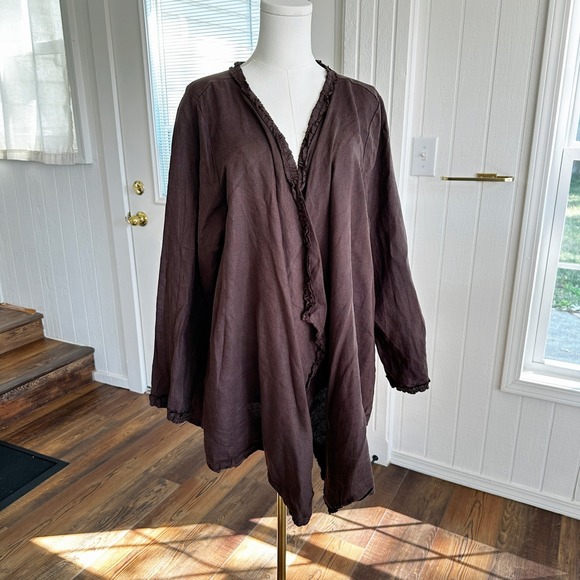 Match point Sweaters - Match Point Womens Cardigan Size M Brown Lagenlook Ruffle Trim Open Front Layer